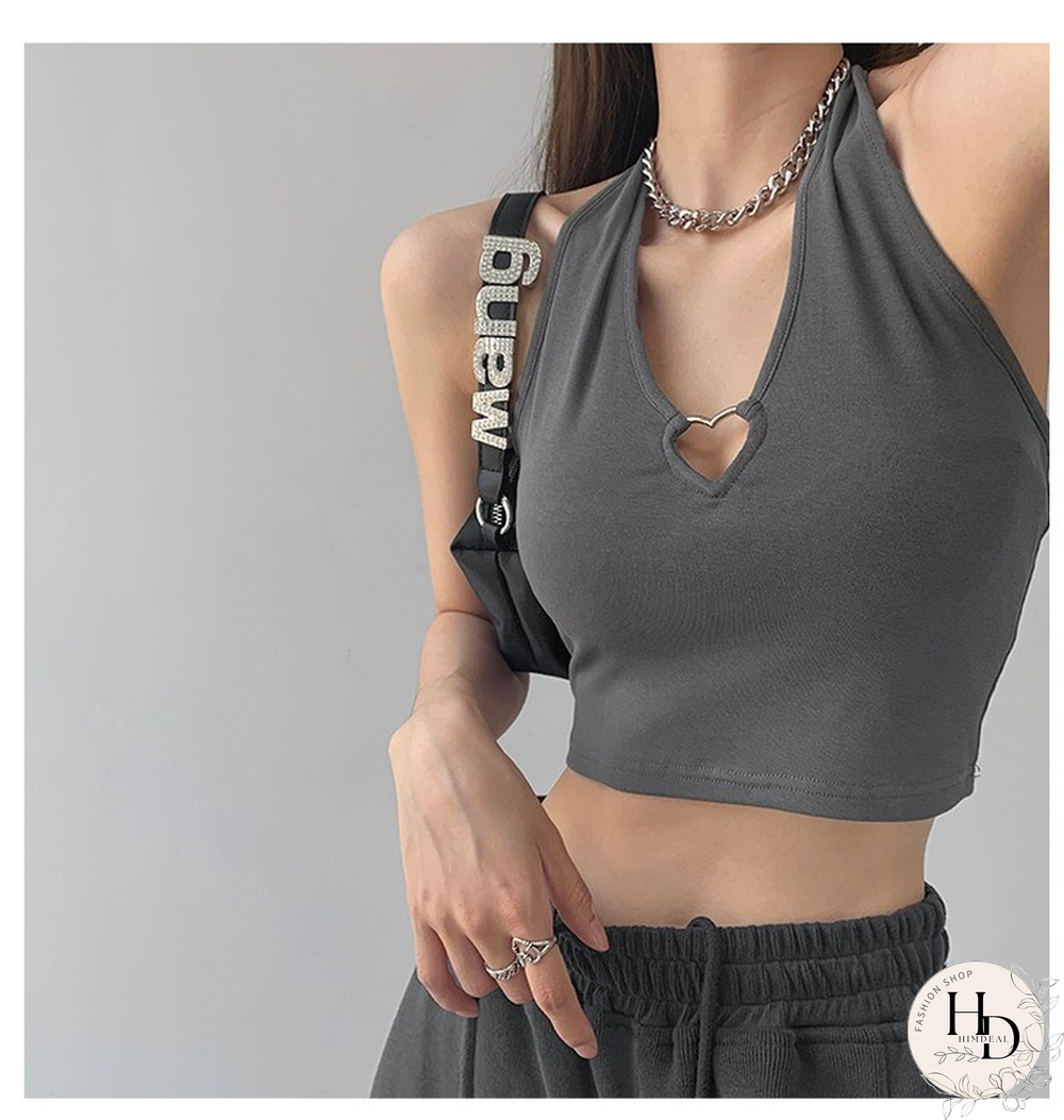Summer Chic New Hot Girl Metal Heart Love Hollow Out Halter Sling Design Casual Outer Wear Sleeveless Navel Short Vest