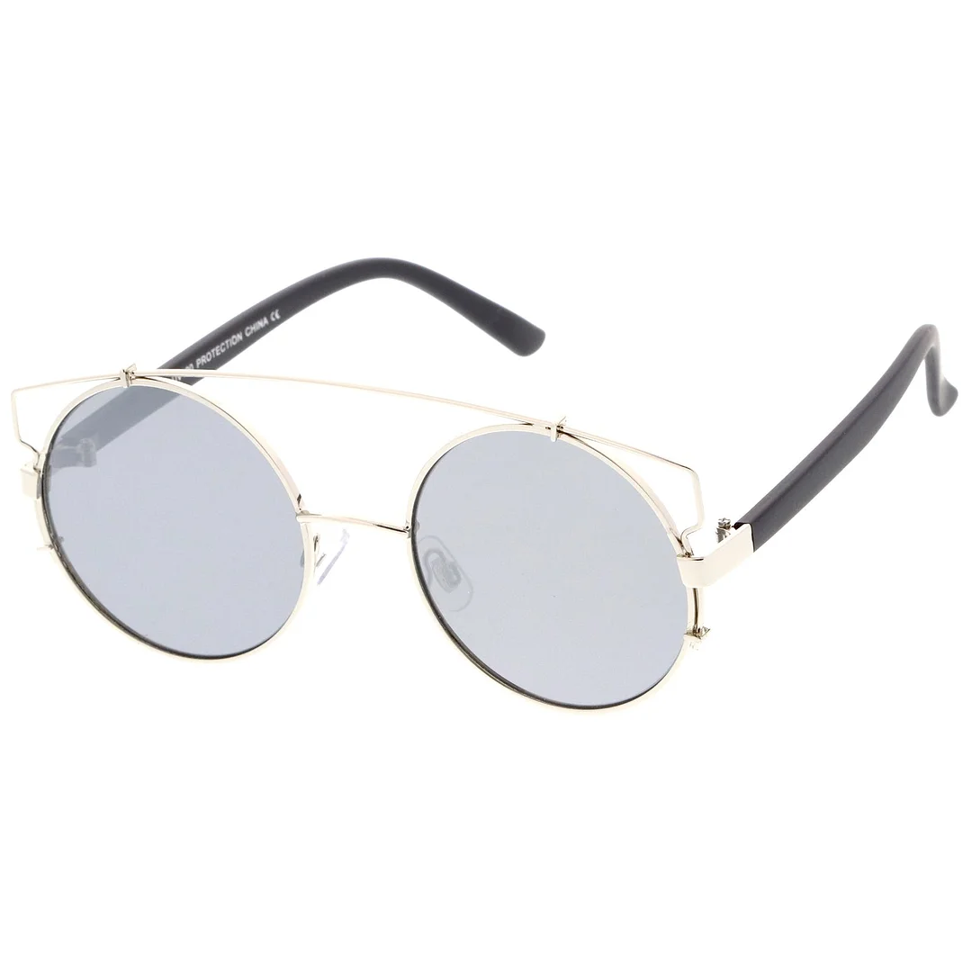 Midsize Metal Frame Horn Rimmed Crossbar Mirror Flat Lens Round glasses 53mm