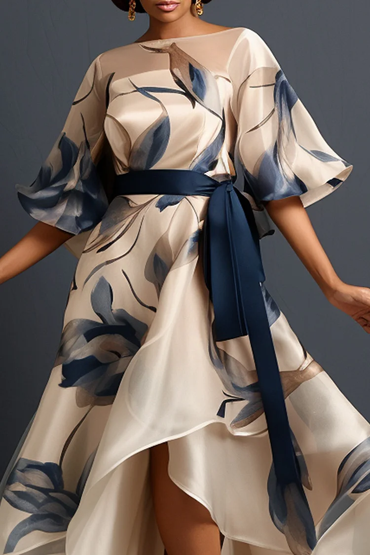 Xpluswear Design Plus Size Formal Beige Floral Round Neck Half Sleeve See Through Organza Maxi Dresses