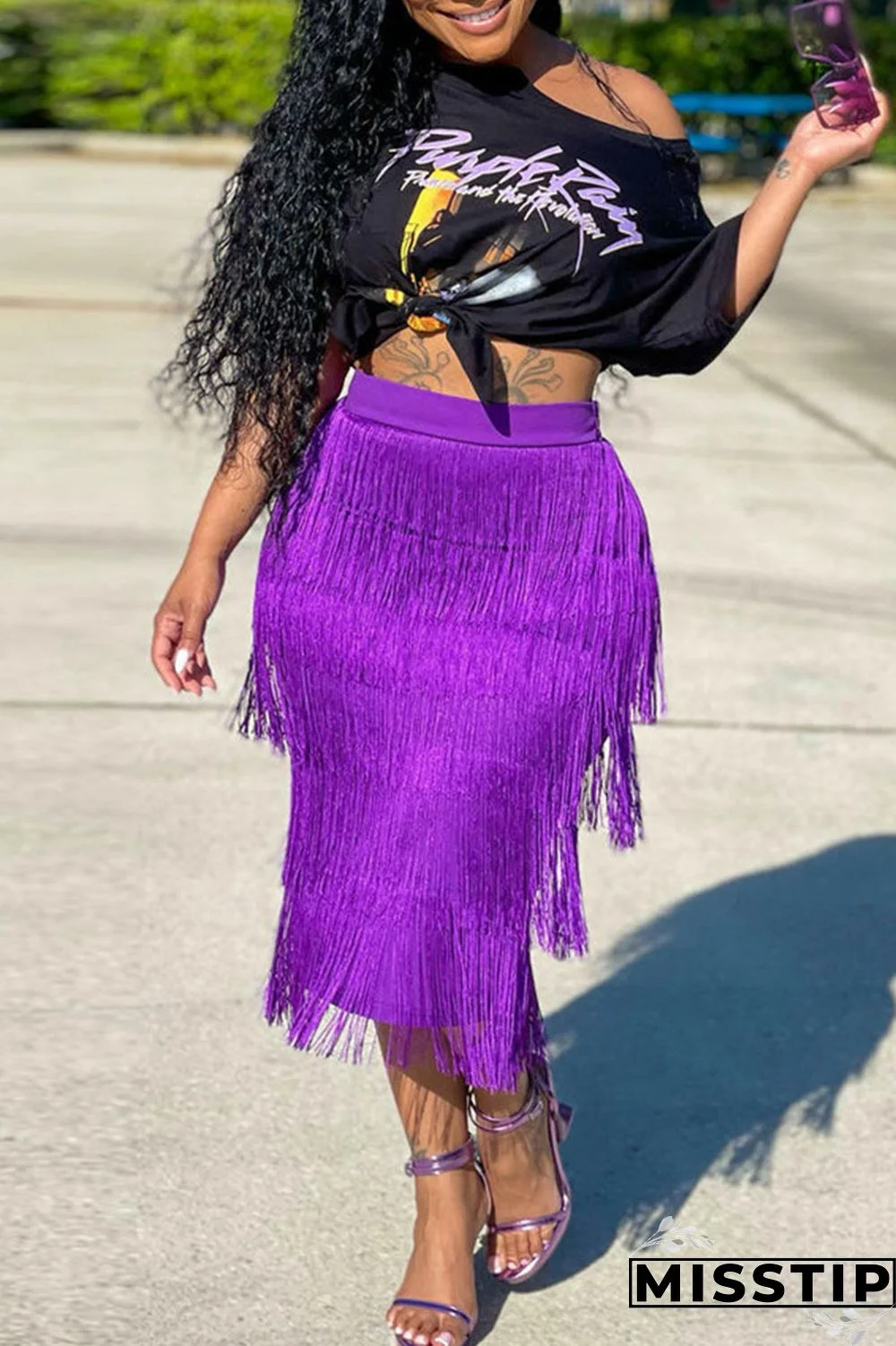 Black Casual Print Tassel Patchwork O Neck Short Sleeve Two Pieces