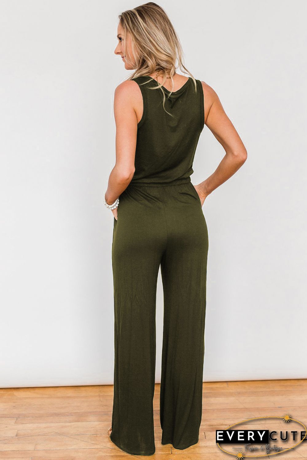 Green Split Neck Drawstring Waist Sleeveless Jumpsuit