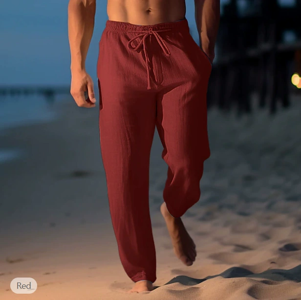 Men's Casual Solid Color Cotton And Linen Comfortable Vacation Trousers