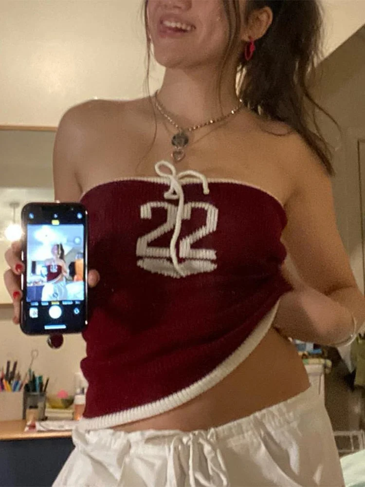 Jacqueline Summer Sexy Off Shoulder Knitted Beach Letter Crop Tops Women y2k Retro Patchwork Strapless Tank Tops 2022 Clothes