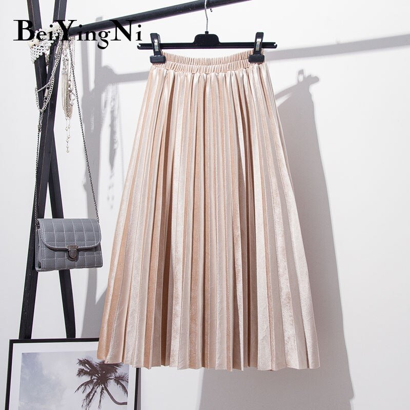 Beiyingni Skirt Women Autumn Winter Gold Velvet Skirts Casual Solid 12Colors High Elastic Waist Pleated Midi Skirt Vintage Kpop