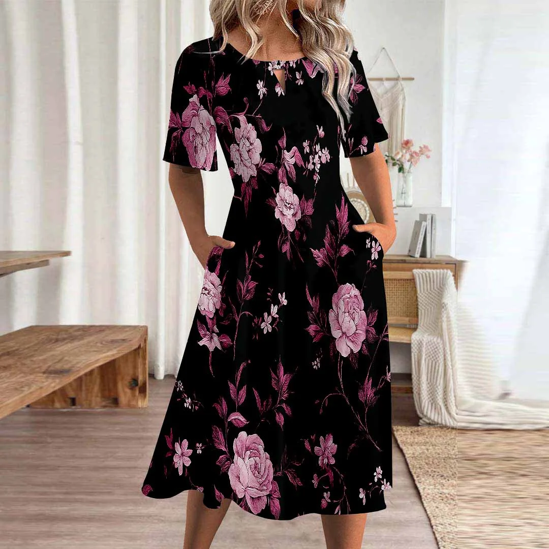 Women Floral,Pink DZHA8230 Short Sleeve Scoop Neck Graphic Printed Hollow Midi Dress
