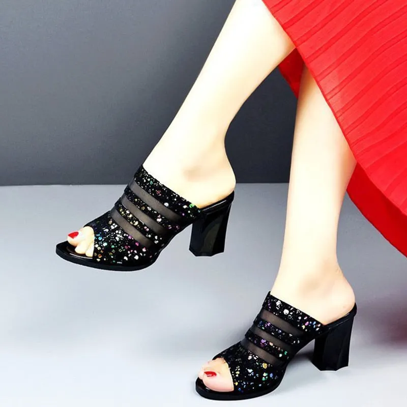 Lucyever high heels glitter slippers women summer 2021 sexy black mesh slip on sandals shoes woman peep toe hollow out sandalias