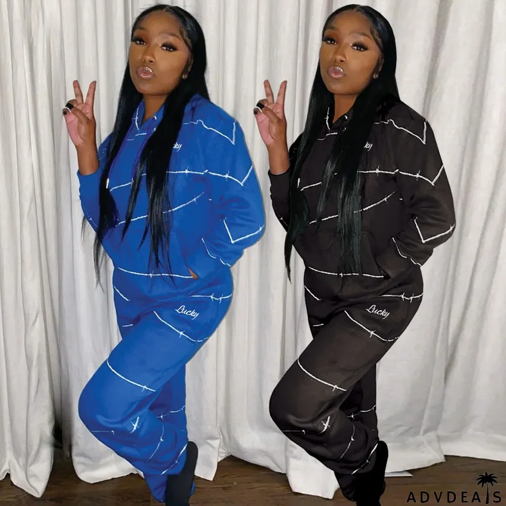 Fashion Casual Solid Color Line Sweatshirts And Pants Two Piece Set