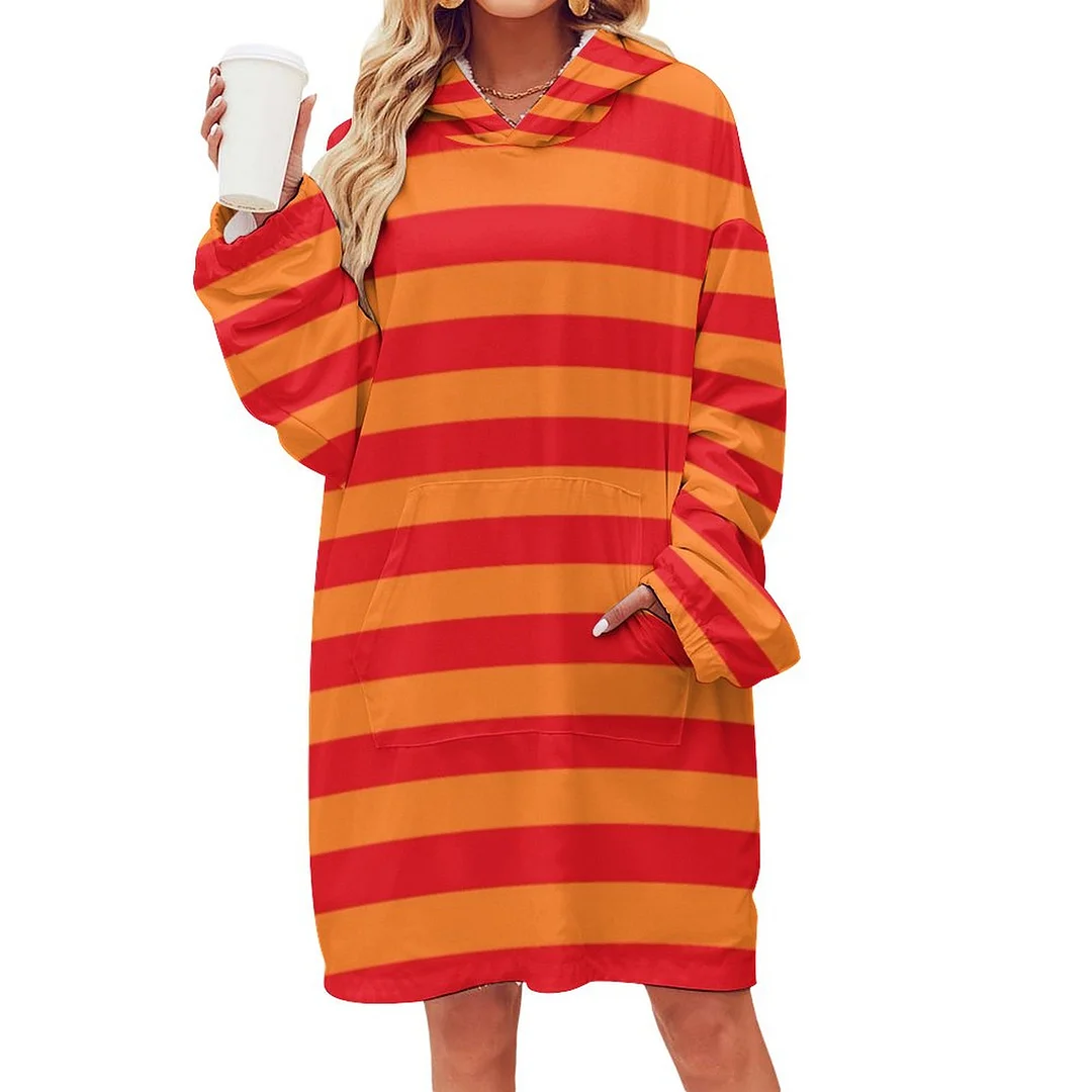 Red And Orange Stripes Oversized Sherpa Fleece Sweatshirt Blanket Hoodie Warm Cozy Wearable Tops with Pocket