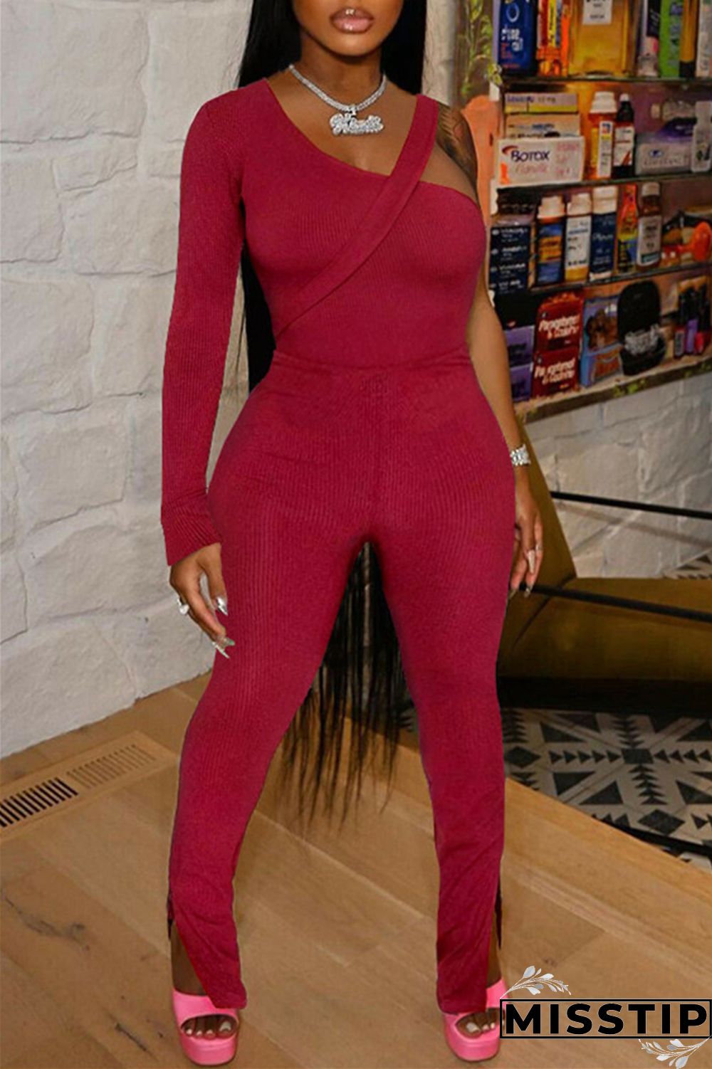 Black Fashion Casual Solid Patchwork Slit Oblique Collar Long Sleeve Two Pieces