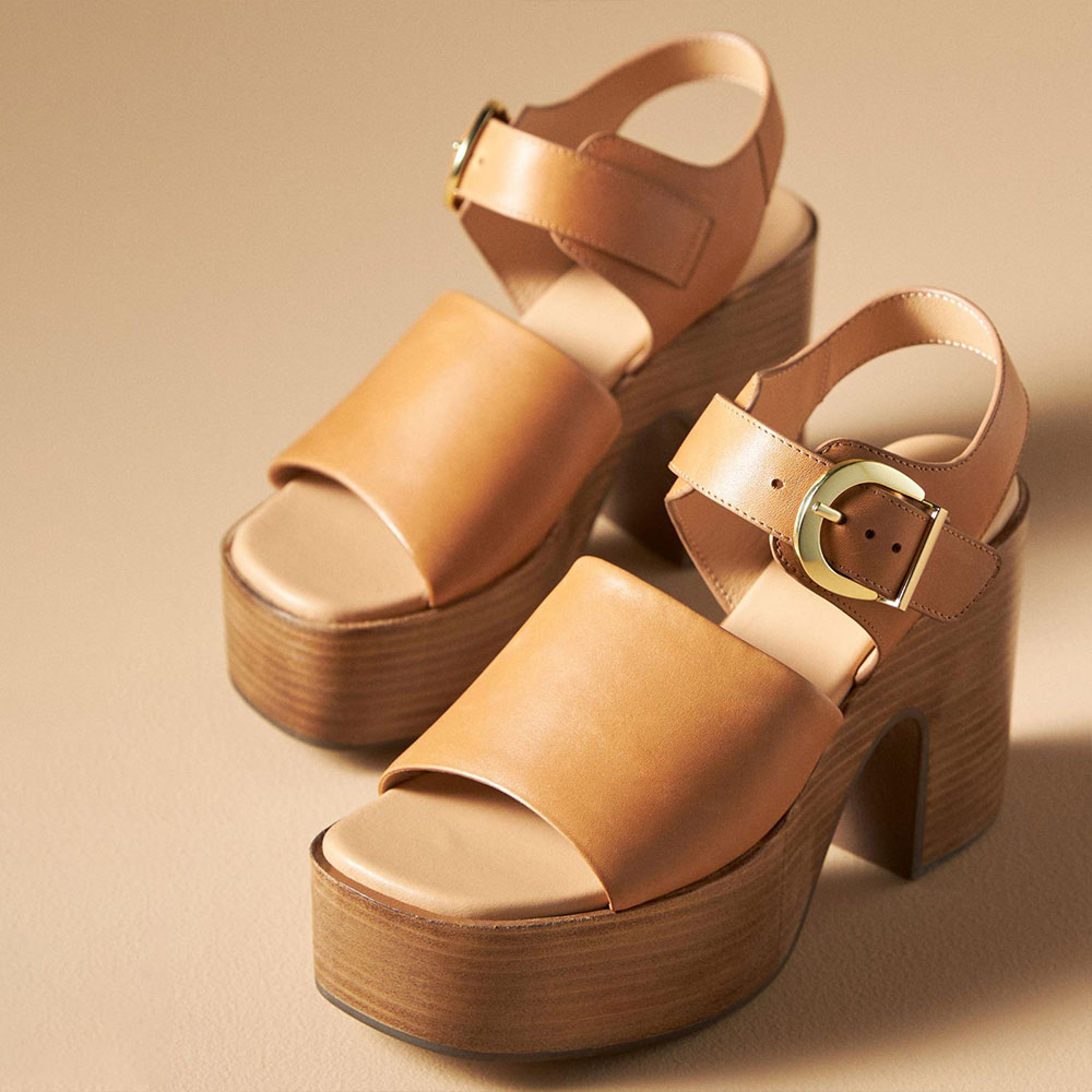 Tan Open Square Toe Block Heel Platform Sandals with Buckled Strap Nicepairs