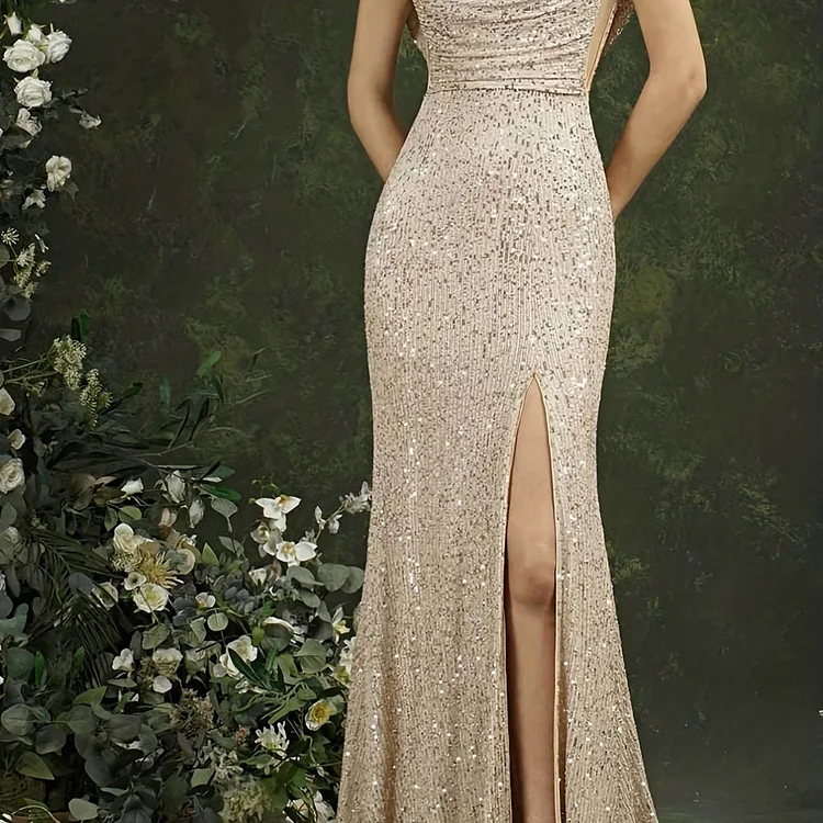 Cowl Neck Backless Split Dress, Elegant Dress For Wedding Party, Women's Clothing