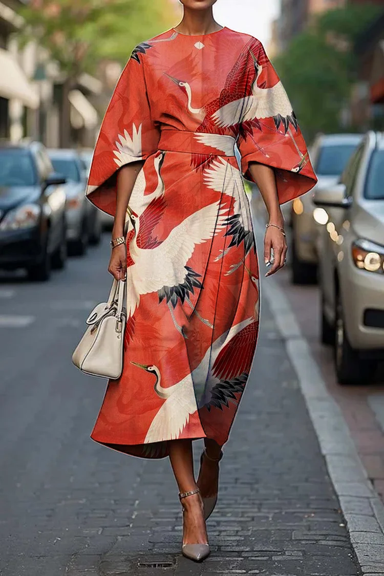 Women's Vintage Elegant Japanese Crane Print Midi Dress