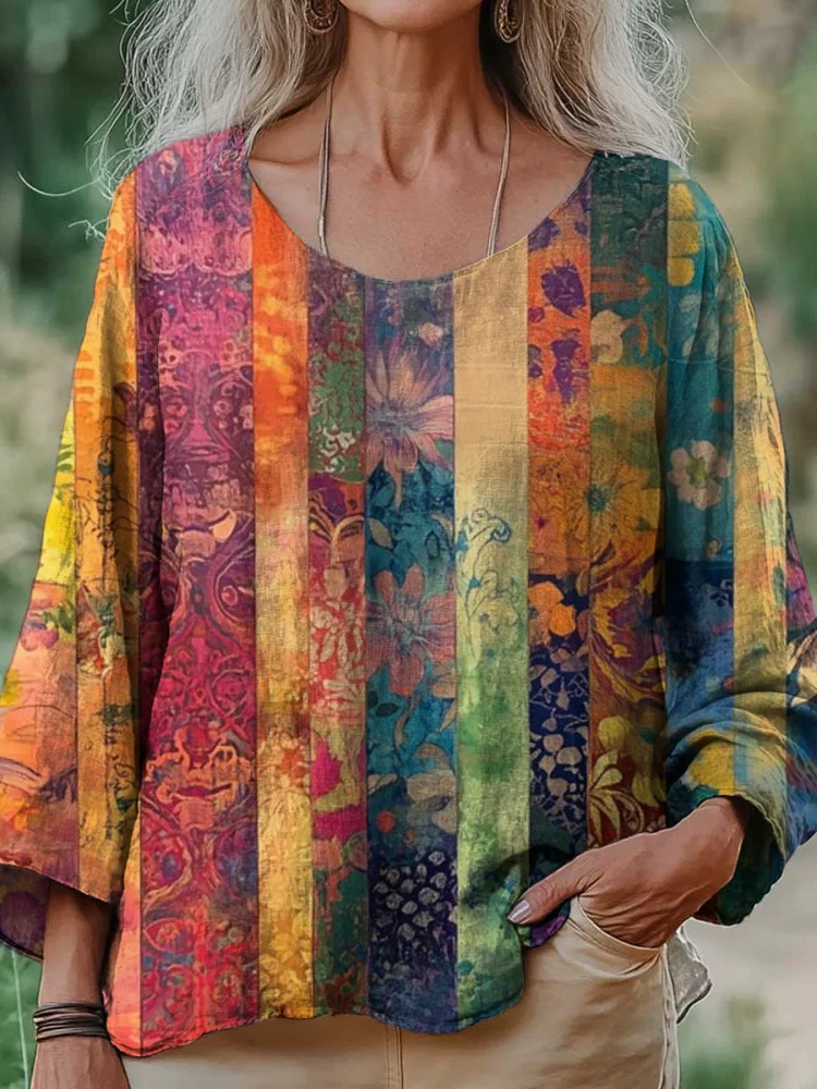 Simpfit Bohemian Vintage Blumendruck Damen Nachahmung aus Nachahmung aus Baumwolle und Leinenhemd