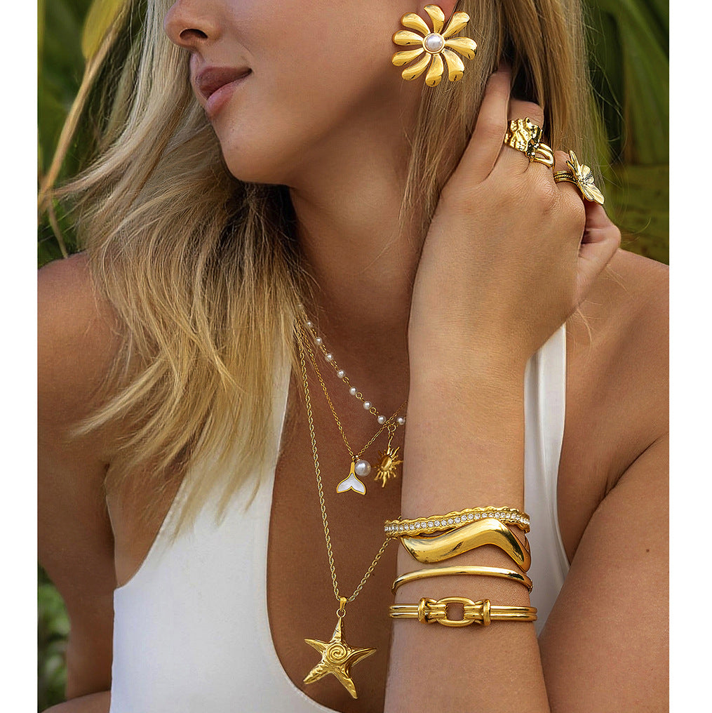 Jie Ding Stainless Steel Pearl Necklace Accessories Stacking Bracelet Flower Titanium Steel Ring