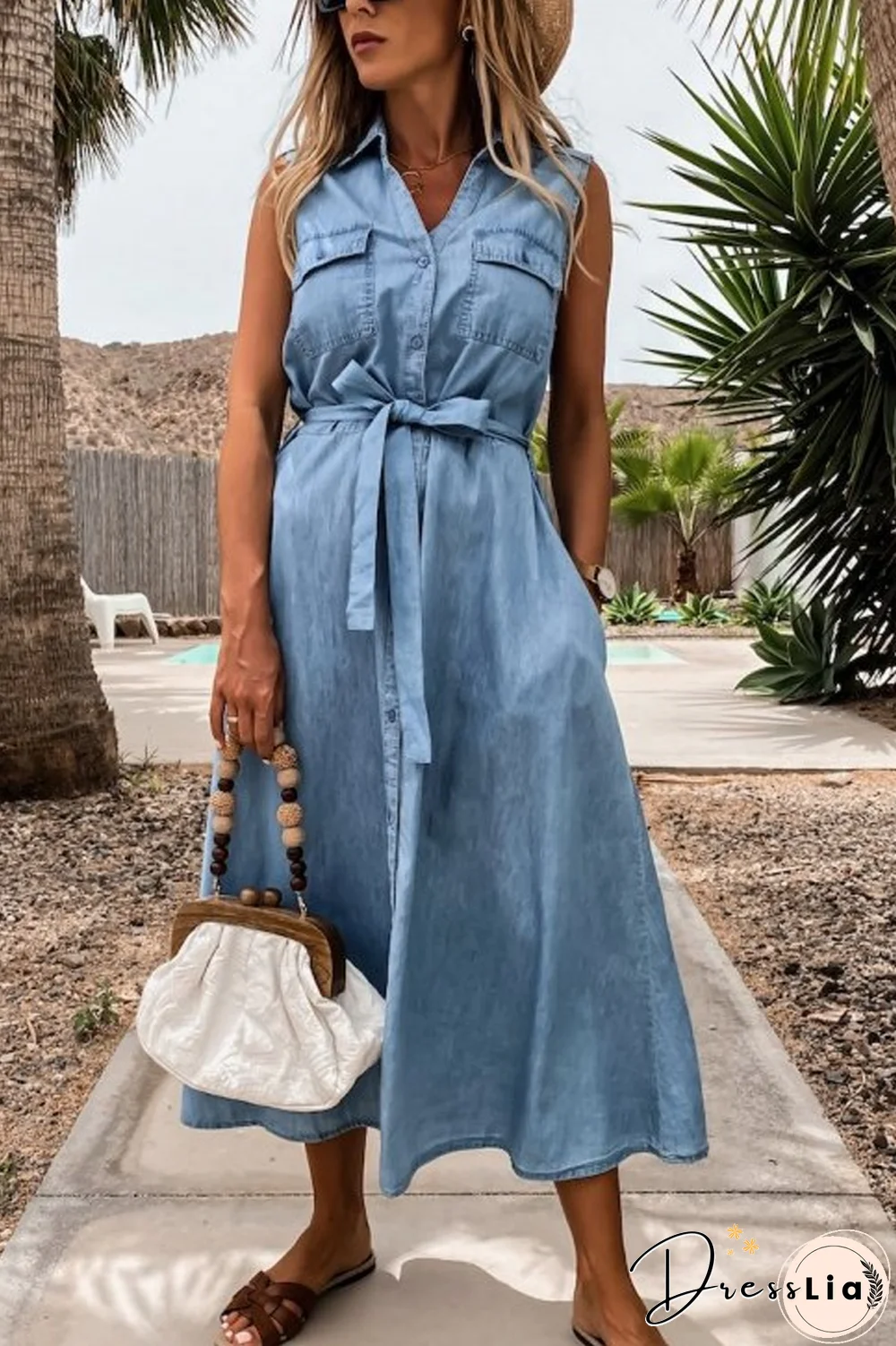 Denim Single-Breasted Belt Sleeveless Dress