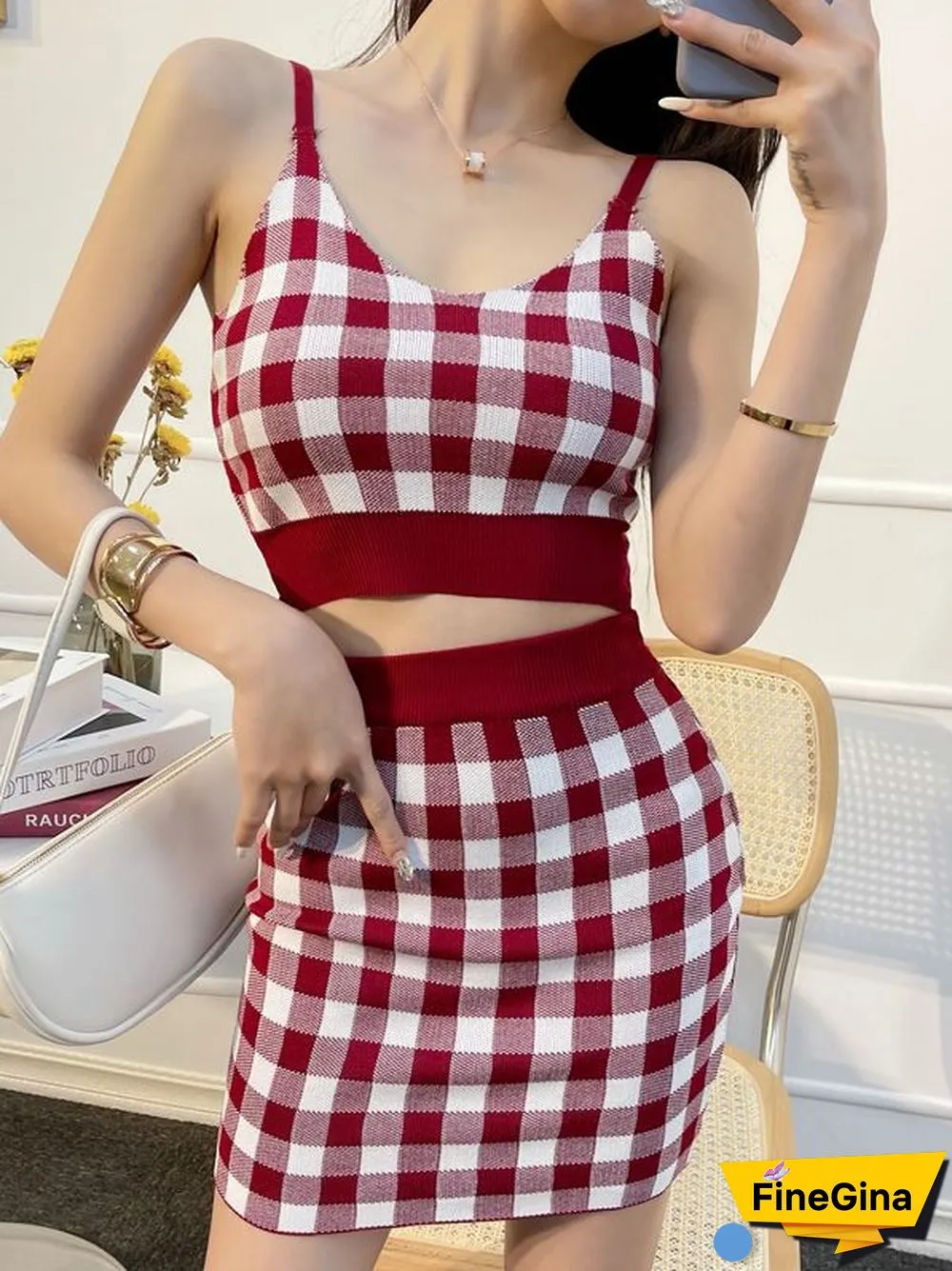 Heliar Women Plaid Crop Top And Mini Skirts Outfits Cute Skirt Sets For Women Tank Tops Two Piece Sets Beach Women Summer