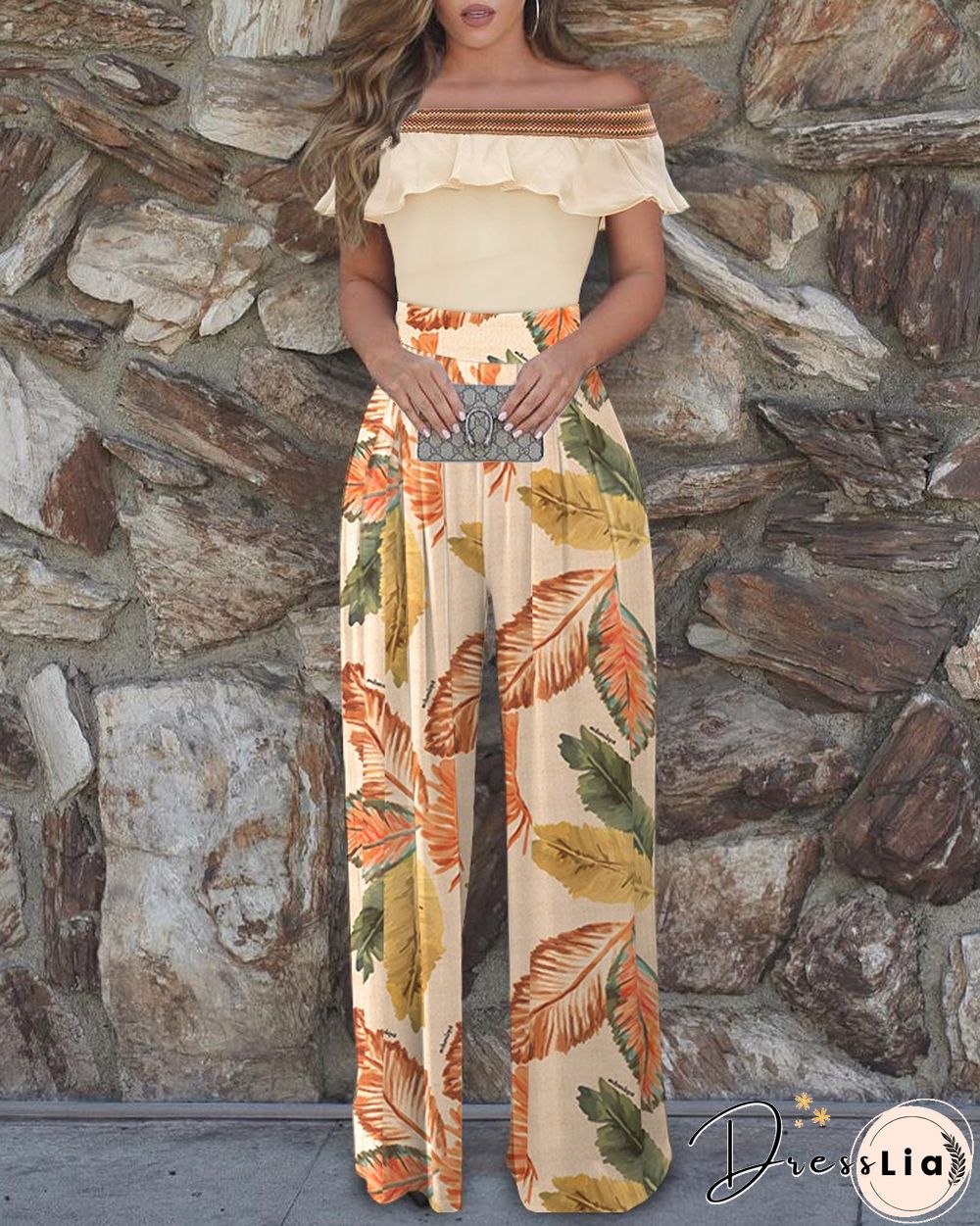Floral Print Off Shoulder Colorblock Top & Pants Sets