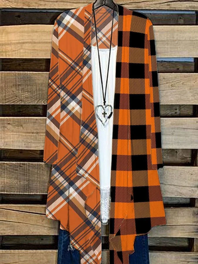 Women's Autumn Orange Check Cardigan