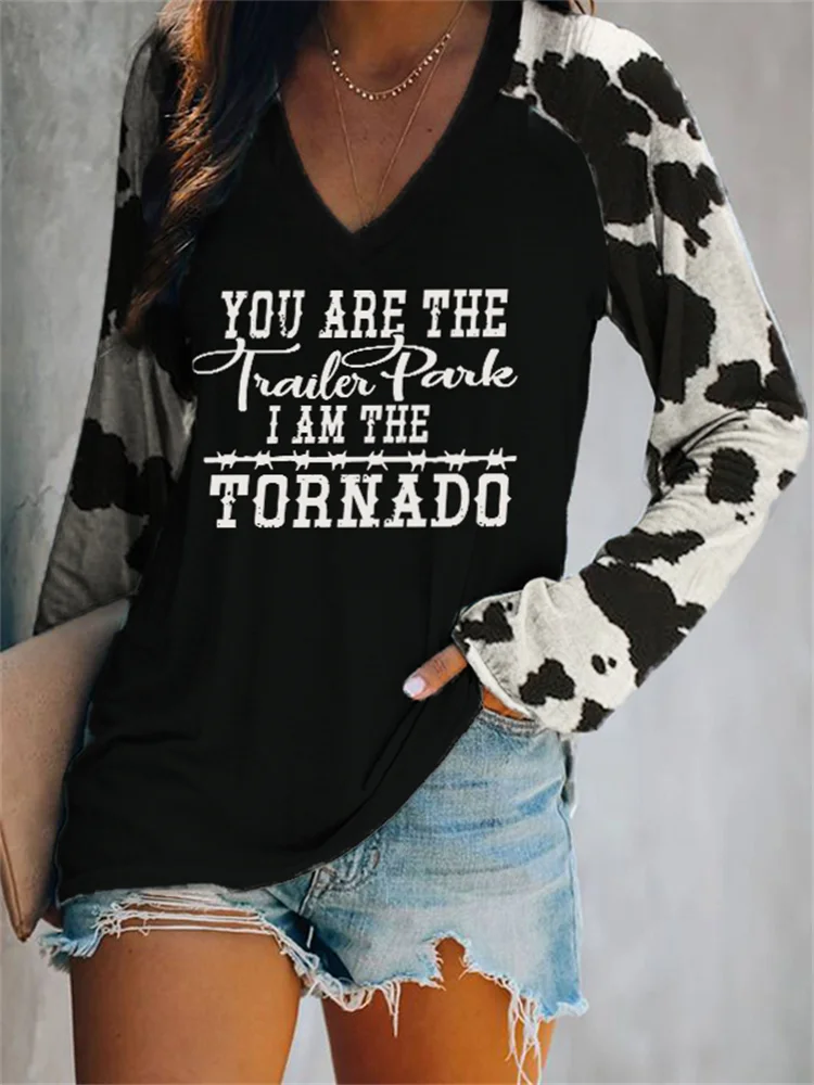Western Quote Cowhide Patchwork V Neck T Shirt