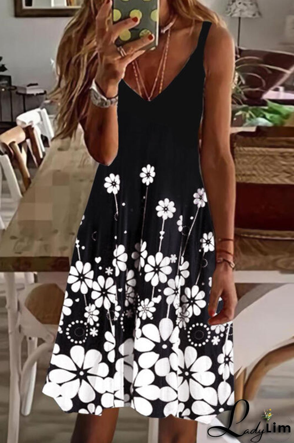 White Black Sexy Casual Print Backless V Neck Sling Dress