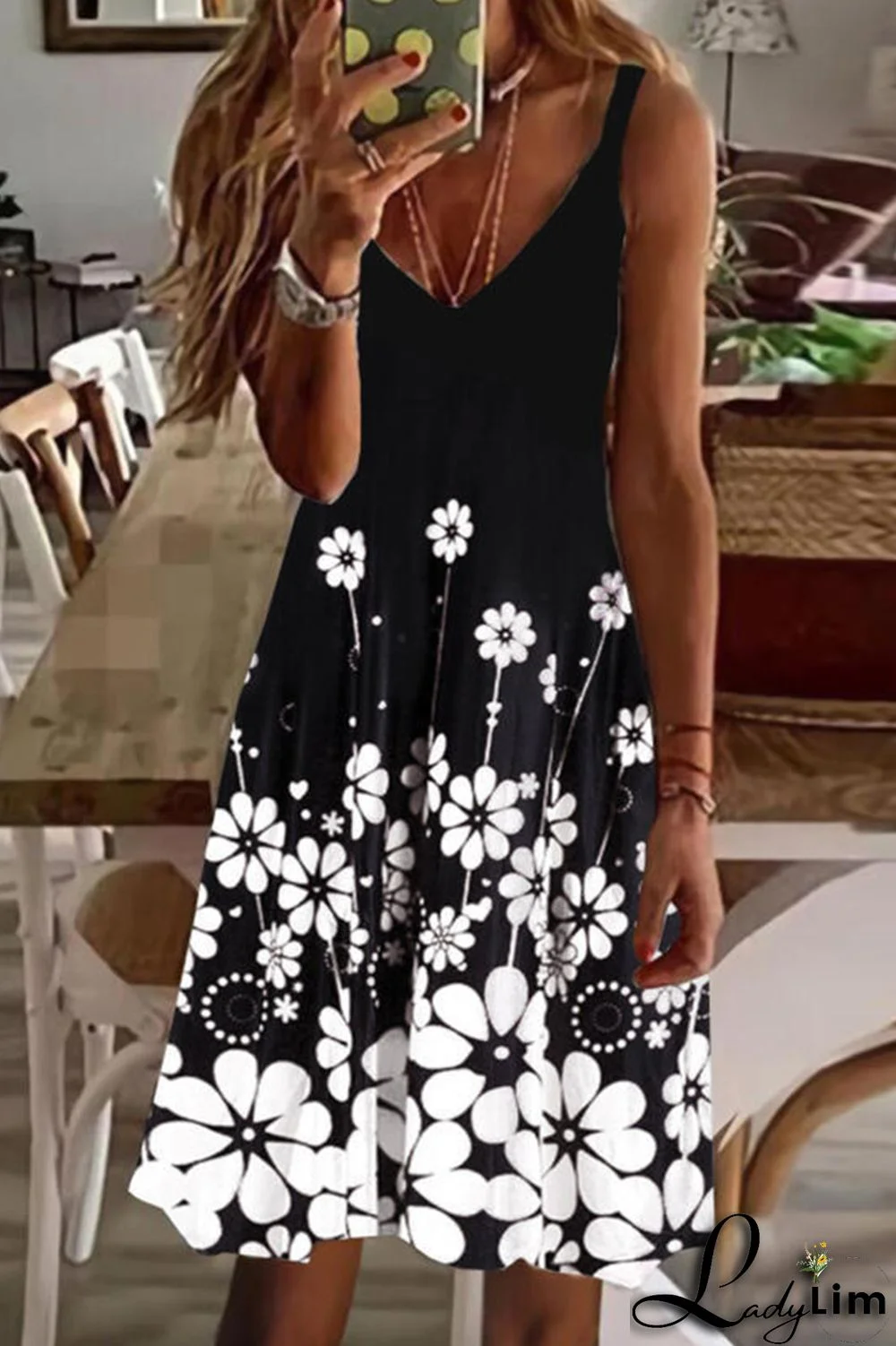 White Black Sexy Casual Print Backless V Neck Sling Dress