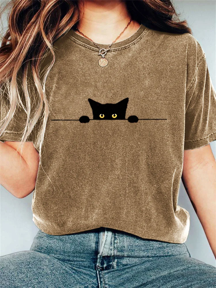VChics Women's Casual Funny Black Cat Print T-shirt