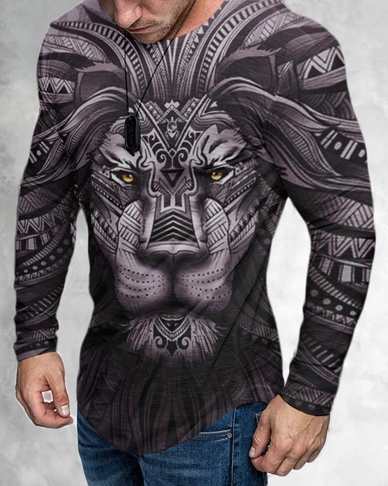 Men's Casual Long Sleeved Creative Lion Pattern T-shirt