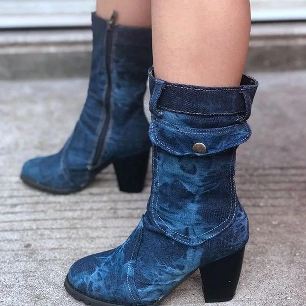 Mid-Rise Chunky with Casual Denim Booties | IFYHOME
