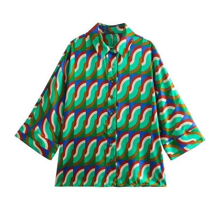 Casual Loose Graphic Printed GreenTwo Piece Set