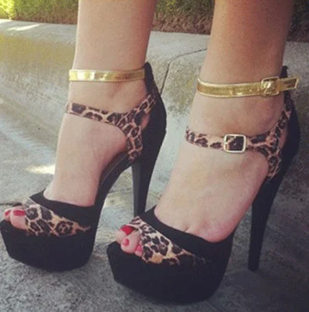 Leopard Print Heels Buckles Peep Toe Platform Sandals Chunky Heels |FSJ Shoes