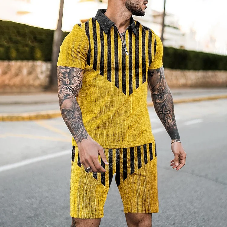 BrosWear Yellow Stripe Fashion Print Polo Shirt And Shorts Co-Ord