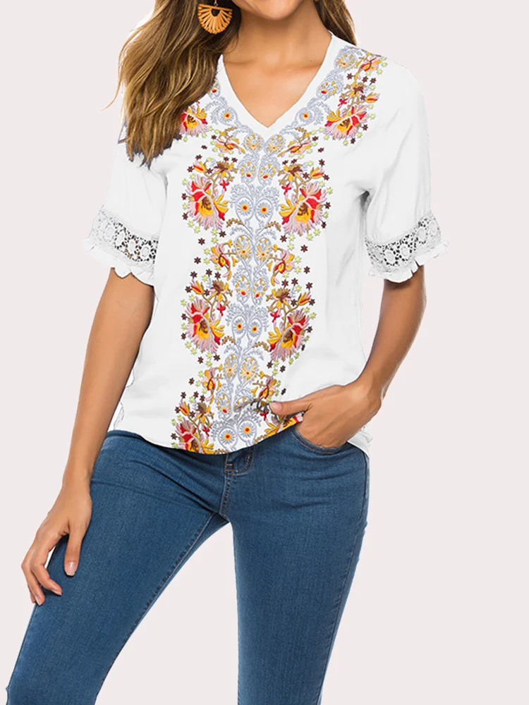 Western Shirt V Neck Boho Embroidered Mexican Shirts Short Sleeve Casual Tops Blouse