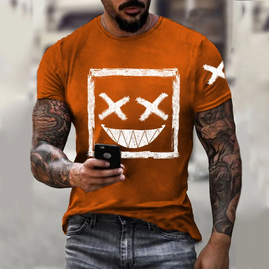 Men's Casual Smile T-shirt, Street-style Graphic Round Neck Tee