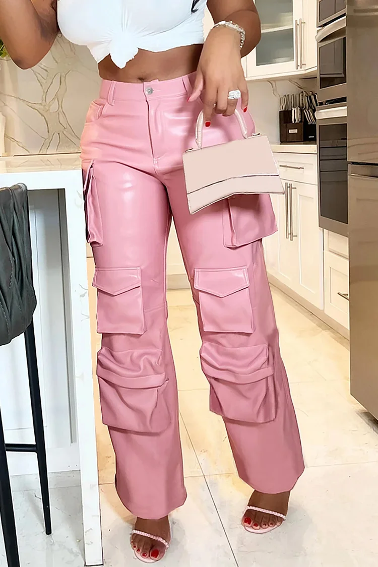 Xpluswear Plus Size Pink Daily PU Leather Casual Pockets Trousers Relaxed Fit Cargo Pants