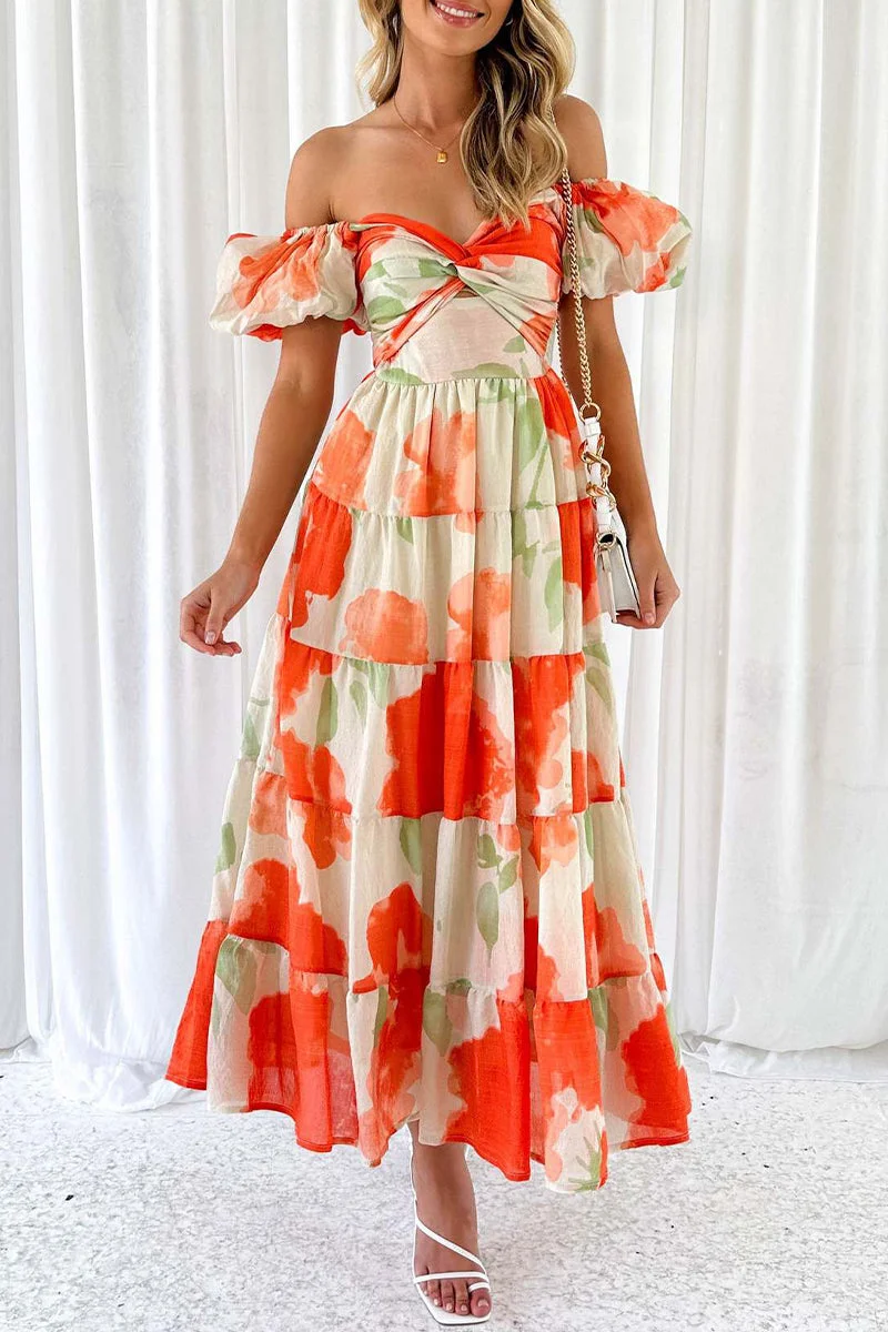 Sweet Elegant Floral Hollowed Out Off the Shoulder Printed Dress Dresses