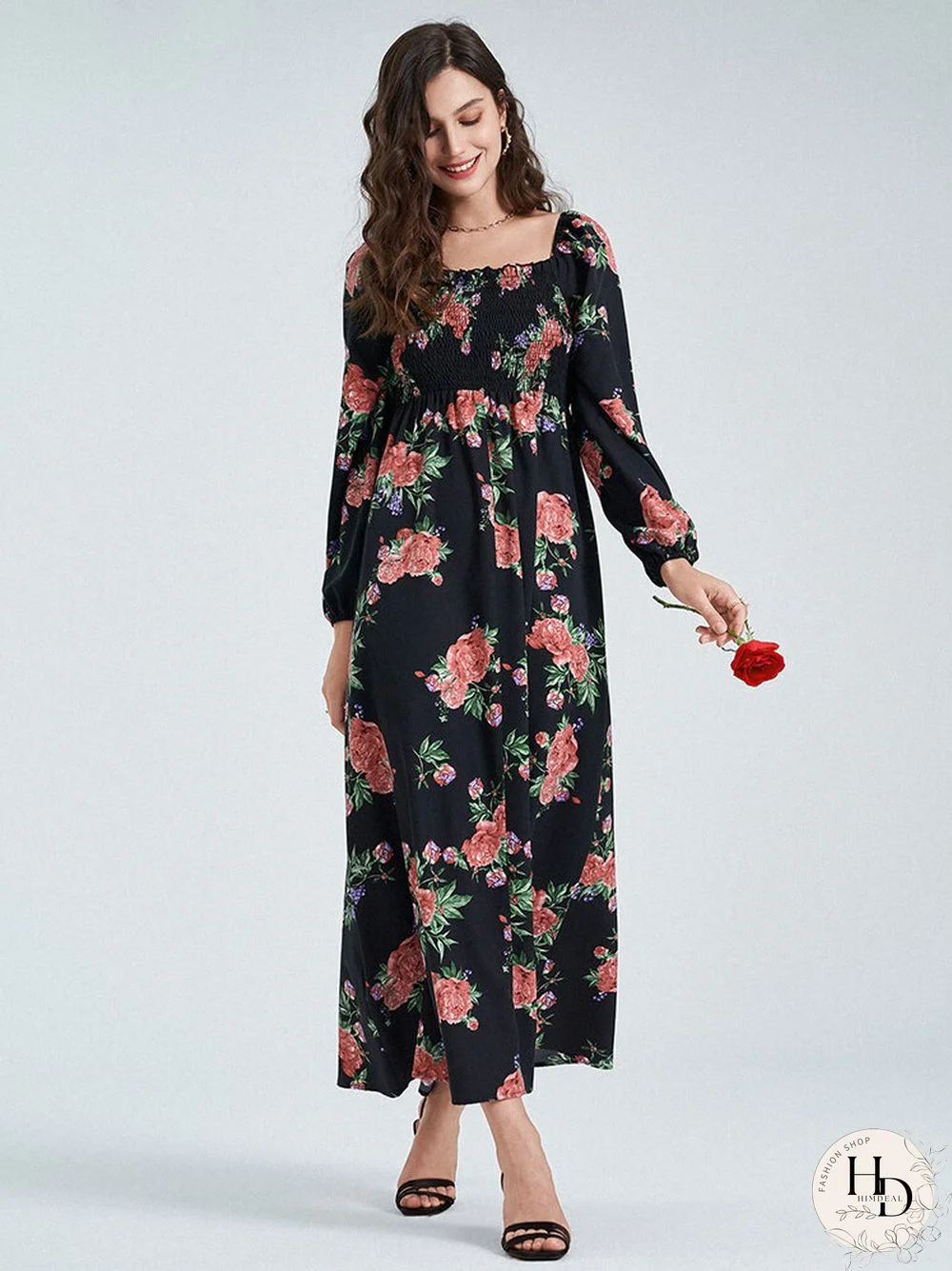 Flower Print Shirred Square Collar Long Sleeve Maxi Dress