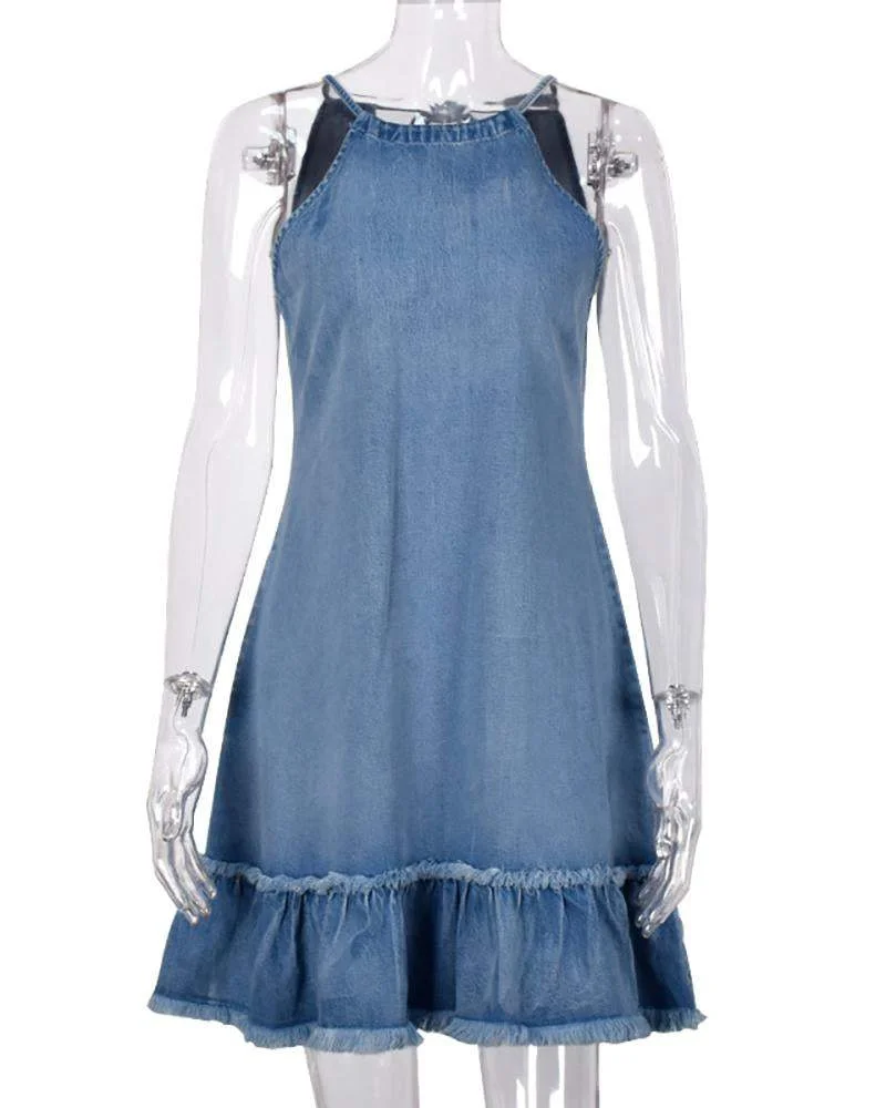 Backless halterneck denim dress