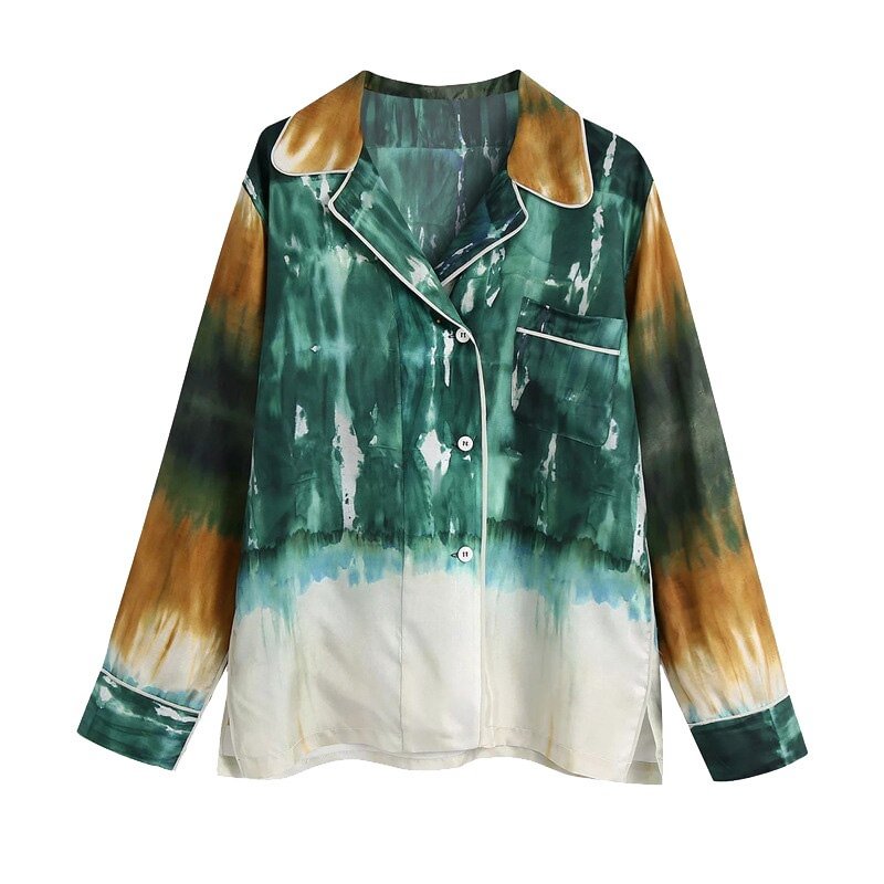 TRAF Women Fashion With Pockets Tie-Dye Print Loose Blouses Vintage Long Sleeve Button-up Female Shirts Chic Tops
