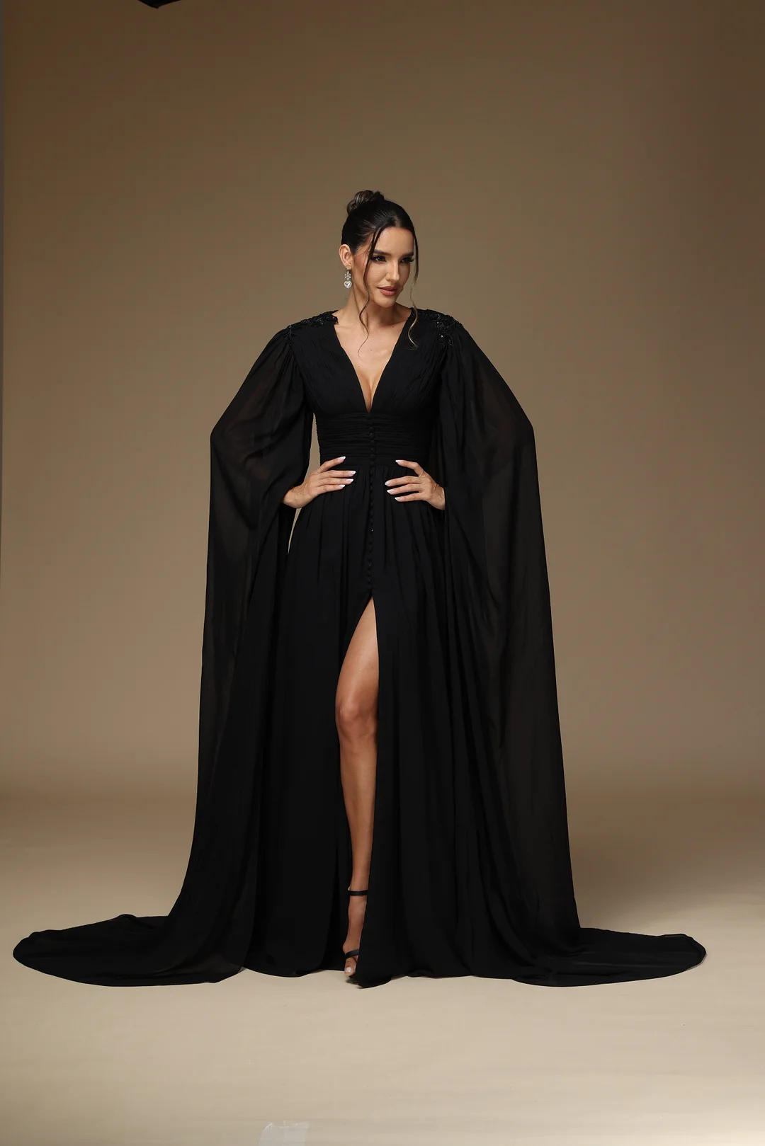 Okdais Prom Dress Chiffon Long Sleeves Black V Neck With High Slit YX0011
