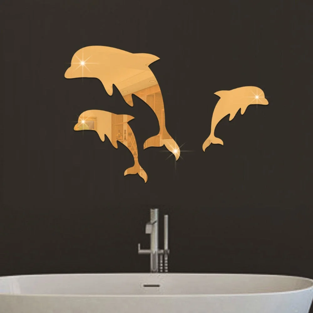 3pcs Dolphin Ocean Animal Decor Mirror Sticker Decorative Mirrors Irregular Plastic Floor Mirror Bathroom Decor Bedroom Acrylic