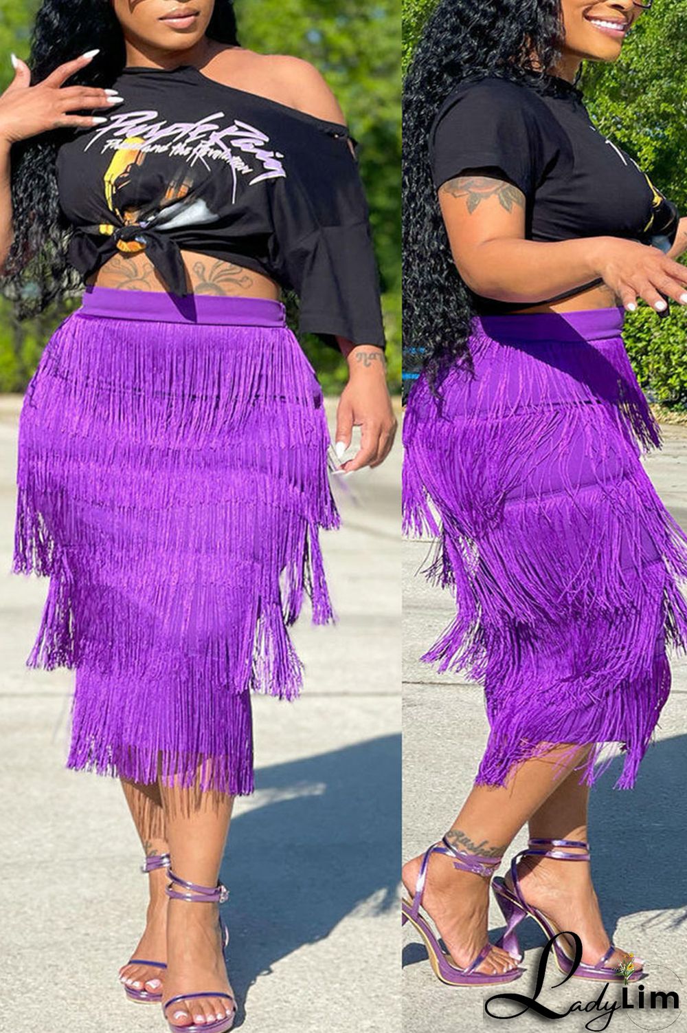 Black Casual Print Tassel Split Joint O Neck Plus Size Two Pieces