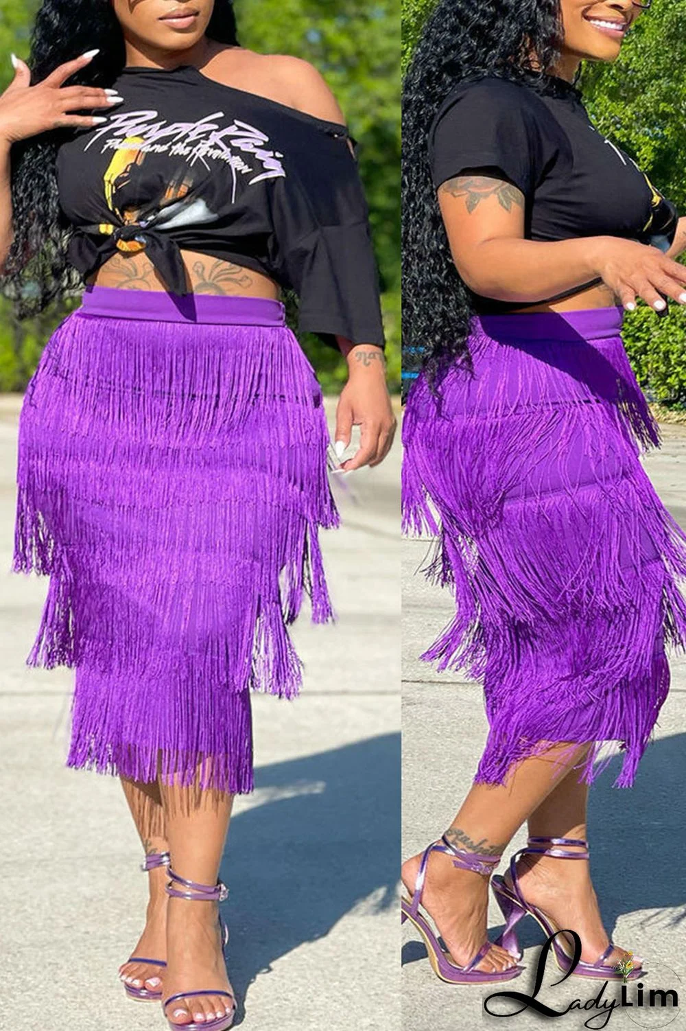 Black Casual Print Tassel Split Joint O Neck Plus Size Two Pieces