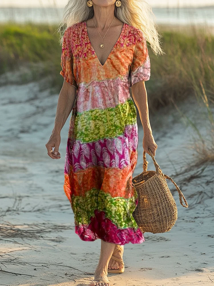Women's Tie-dye Colorblock Pattern Art Print Short-sleeved Pocket Cotton and Linen Dress