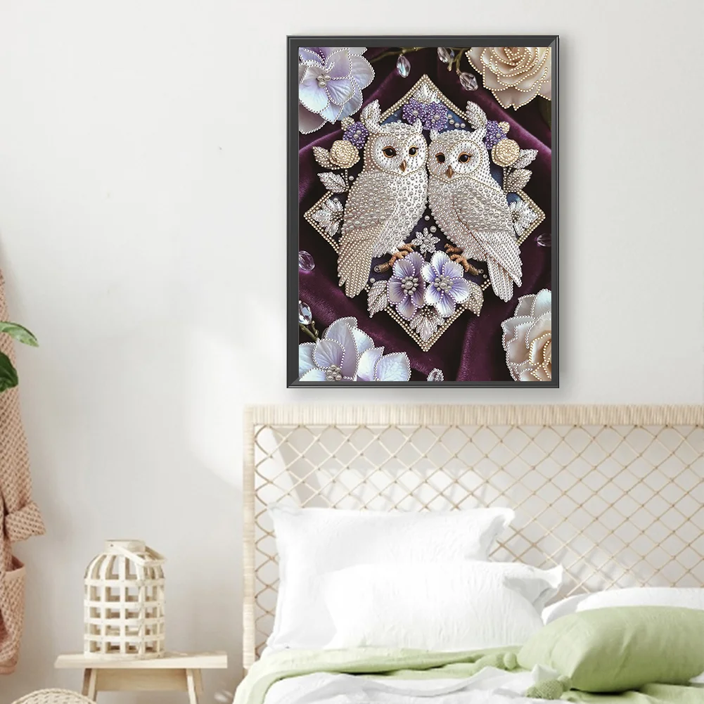 Pearl Twin Owls Special Shaped 5D DIY Partial Drill Diamond Painting Kit Home Art 30x40cm