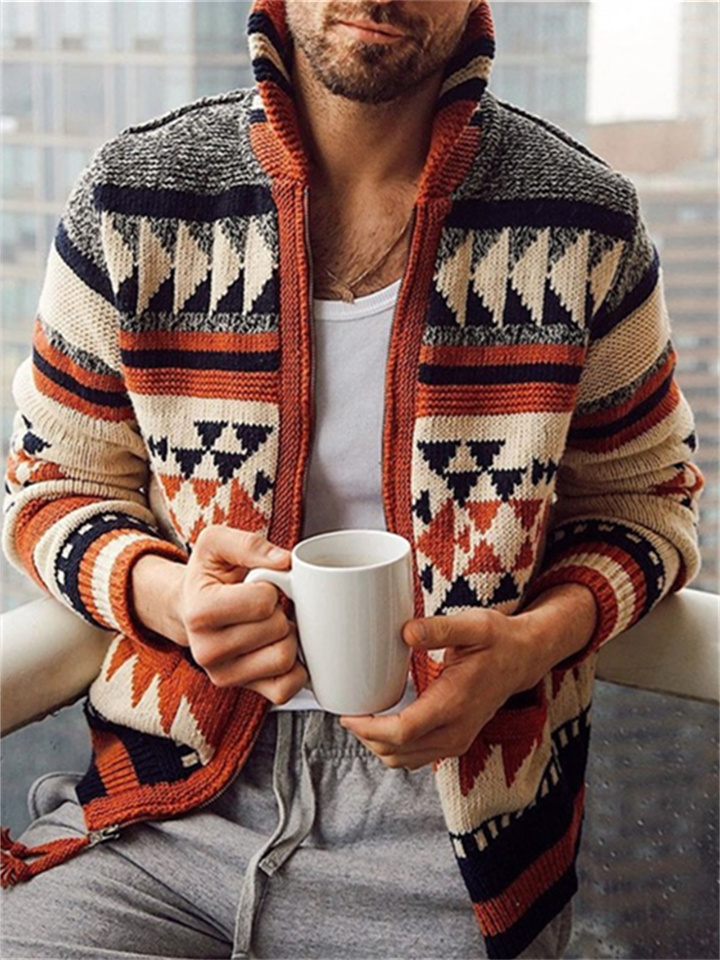Men's Sweater Cardigan Zip Sweater Sweater Jacket Knit Button Knitted Geometric Shirt Collar Casual Clothing Apparel Winter Fall Red M L XL