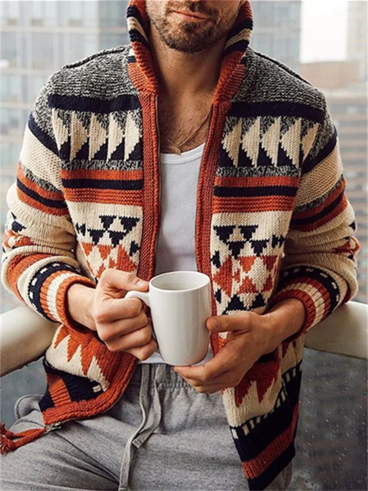 Men's Sweater Cardigan Zip Sweater Sweater Jacket Knit Button Knitted Geometric Shirt Collar Casual Clothing Apparel Winter Fall Red M L XL-Cosfine