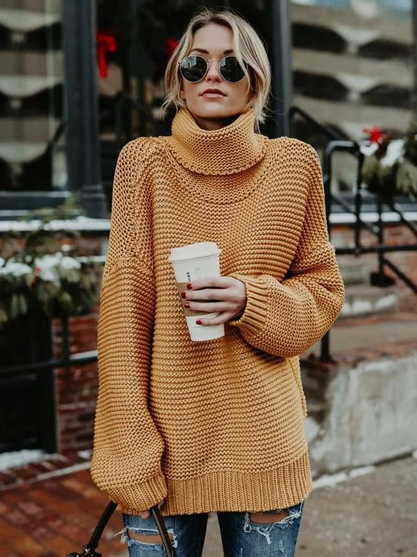 High-Neck Long Sleeves Knitting Sweater Tops