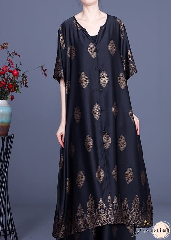 Vintage Black Side Open V Neck Silk Long Top And Pants Two Piece Set Outfits Summer