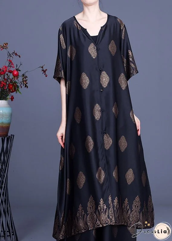 Vintage Black Side Open V Neck Silk Long Top And Pants Two Piece Set Outfits Summer