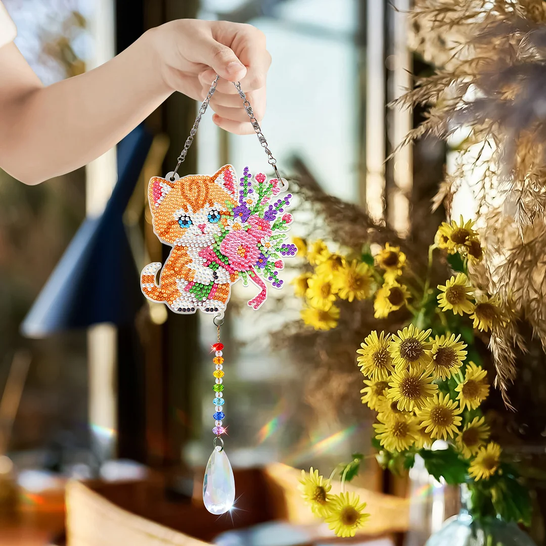2Pcs Cat DIY Acrylic Diamond Painting Art Wind Chimes with Crystal Pendant Diamond Art Hanging Pendant Double-Sided for Adults Beginners Gift Home Garden Decor
